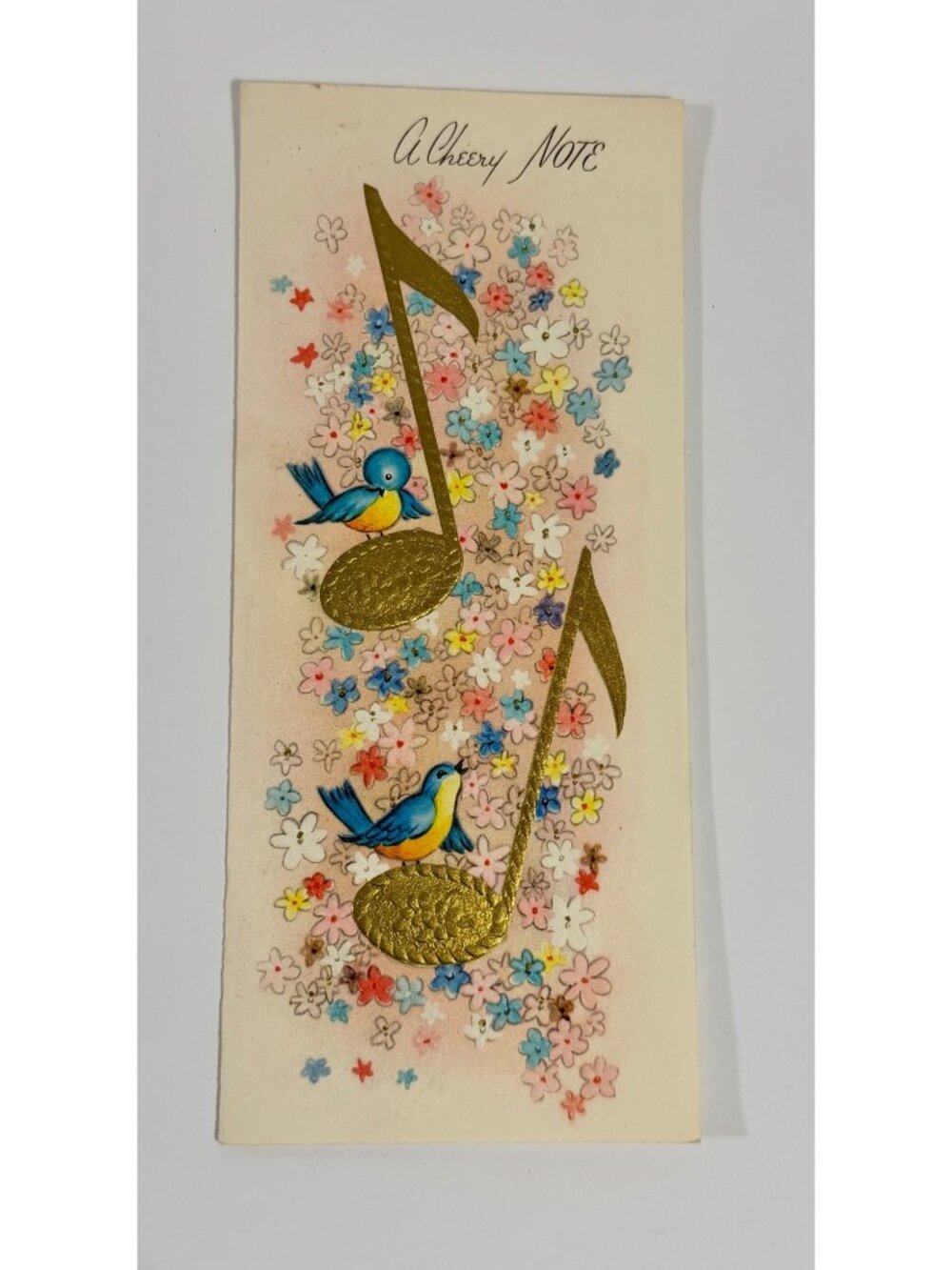 Vintage Greeting Card With Bluebirds Gold Musical Notes & Floral Design A Cheery